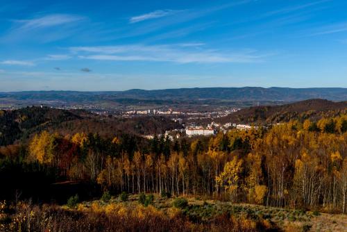a view of a city from the hills at Hotel VÍTKOVA HORA in Karlovy Vary