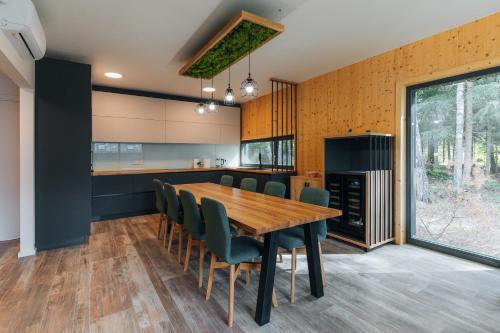 a kitchen and dining room with a wooden table and chairs at Rezidence U Hájenky 434 in Lipno nad Vltavou