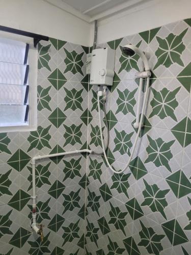 a shower in a bathroom with green and white tiles at Coastal Paradise in Sigatoka
