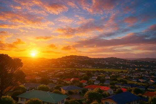a sunset over a town with houses in a suburb at Skyline Vista - Entirely New House with Luxe Views, Espresso, Netflix & Free Parking in Wellington