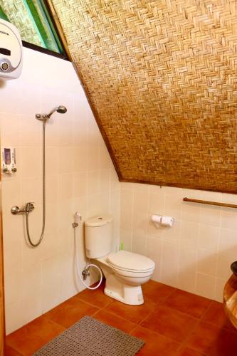 a bathroom with a toilet and a shower at Mbeliling Mountain Ecolodge in Noca