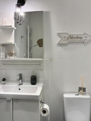 a bathroom with a sink and a toilet and a mirror at Apartament 100m od morza in Sopot