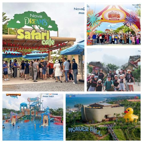 a collage of photos with people at a water park at Sunset Villa - Novaworld Phan Thiết in Bình Tú