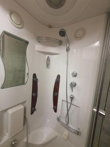 a bathroom with a shower and a toilet at Ofiss 24 in Riga