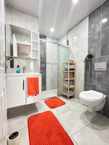 a bathroom with a toilet and a shower at Lüks Konforlu ve merkezi ev in Çiftlikköy
