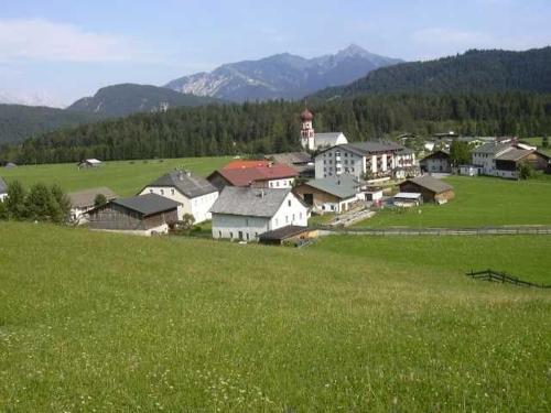 a group of houses in a field with a green pasture at Lippenhof in Leutasch