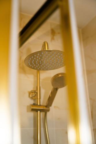 a shower head is reflected in a mirror at Sefton Park Hotel in Liverpool