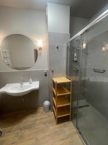 a bathroom with a sink and a shower at Apartamenty Panoramic-Piecki in Piecki