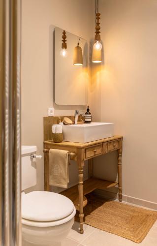 a bathroom with a sink and a toilet at Maison Girardine in Rauzan