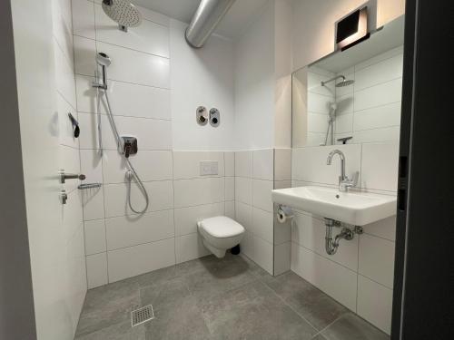 a bathroom with a toilet and a sink and a shower at Apartmenthaus MK Immobilien in Stuttgart