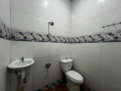 a bathroom with a toilet and a sink at Sapo Guest House in Berastagi