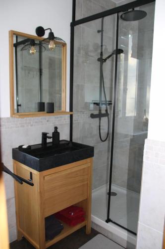 a bathroom with a shower and a black sink at Moulin des Faurilloux in La Chapelle-Faucher