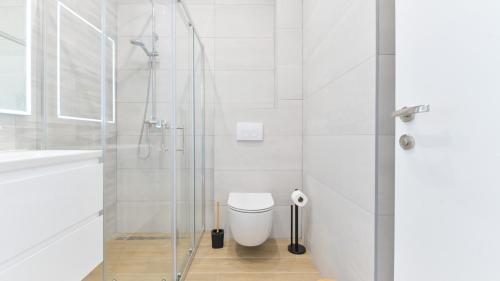 a white bathroom with a shower and a toilet at Luxury Apartment Nala with shared pool in Sevid