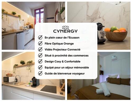 a collage of photos of a kitchen with a sign at Vidéoprojecteur - Tout à pied - Centre - Balcon in Montpellier