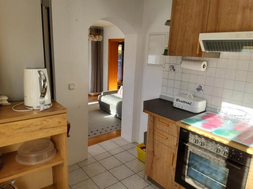 a kitchen with a sink and a stove top oven at Ferienwohnung Renate in Siegsdorf