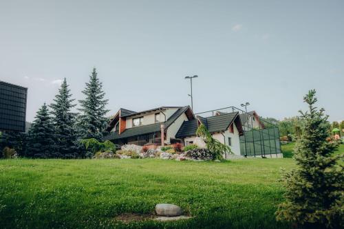 a house on a green field with a rock in the yard at Casa Cheile Dâmbovicioarei - Cabana 3 in Podu Dîmboviţei