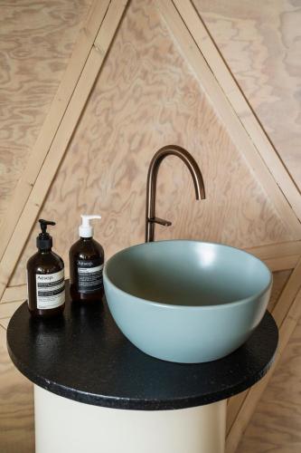 a bathroom sink with a blue bowl bowl sink at Echo - Baumhaus K1 in Odenthal