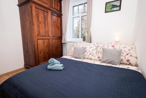a bed with a blue towel sitting on top of it at Apartmán Černý Důl in Černý Dŭl