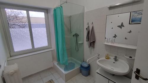 a bathroom with a shower and a sink at Hotel Béke Sziget Komló in Komló