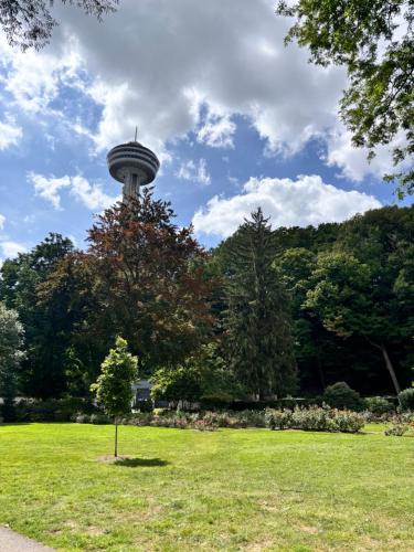 Blick auf einen Park mit einem Turm in der Unterkunft Annonce inactive in Les Terres Basses