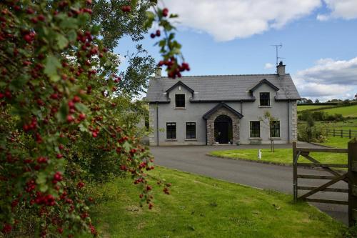 a large white house with a road in front of it at Tate's Meadow in Banbridge