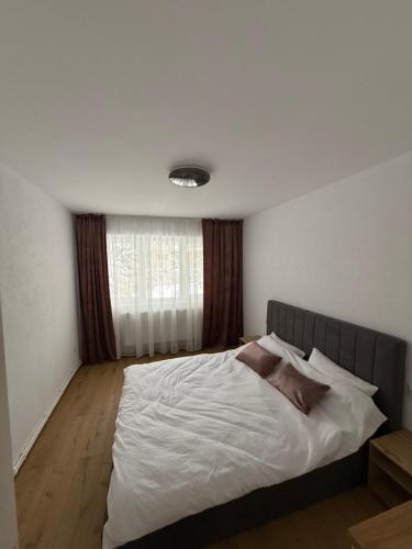 a bed in a bedroom with a person laying on it at TwinNest Petrila in Petrila