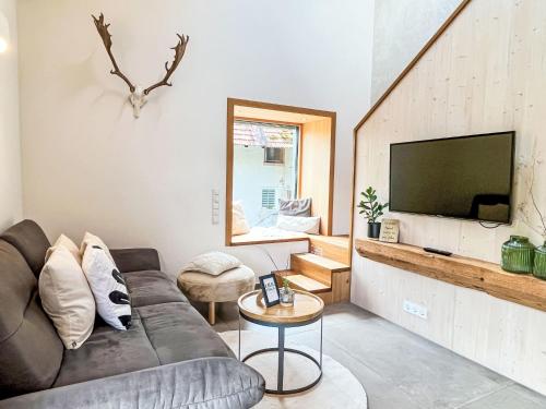 a living room with a couch and a tv at Apartment Kinast - HFT202 by Interhome in Hofstetten
