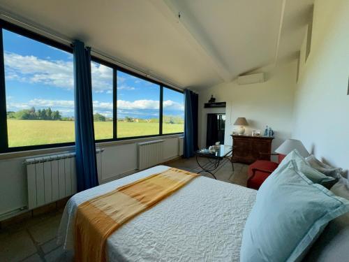 a bedroom with a bed and large windows at Le Mas Saint Jacques in Le Pontet