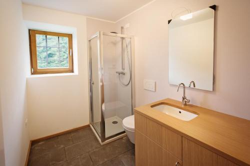 a bathroom with a toilet and a sink and a shower at Albergo Diffuso Tolmezzo in Tolmezzo