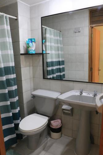 a bathroom with a toilet and a sink and a mirror at Hotel Garden Latorre in Iquique