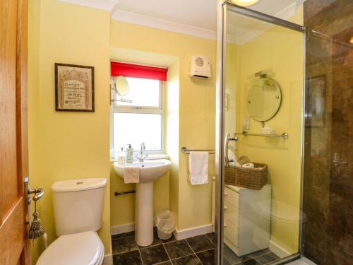 a bathroom with a toilet and a sink and a shower at 78 Findhorn in Forres
