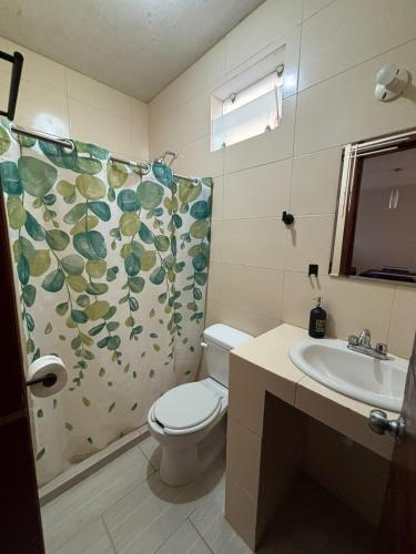 a bathroom with a toilet and a sink and a shower curtain at Sagitario dpto in Tuxtla Gutiérrez