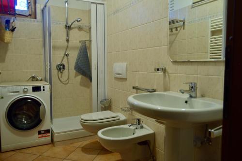 a bathroom with a sink and a washing machine at Casa Alpina Place in Isolaccia