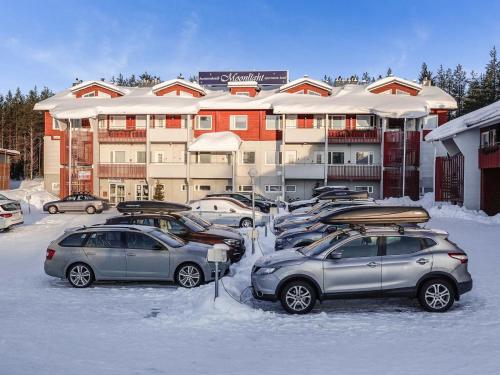 a row of cars parked in a parking lot in the snow at Holiday Home Levin tuisku by Interhome in Levi