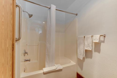 a bathroom with a shower and a tub with towels at Great Sand Dunes Lodge in Mosca
