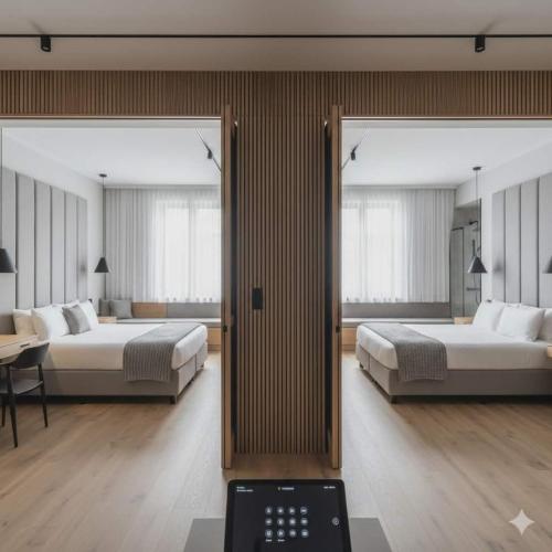 a hotel room with two beds and a mirror at Zamaria Beach Resort & Hotel in Sampong