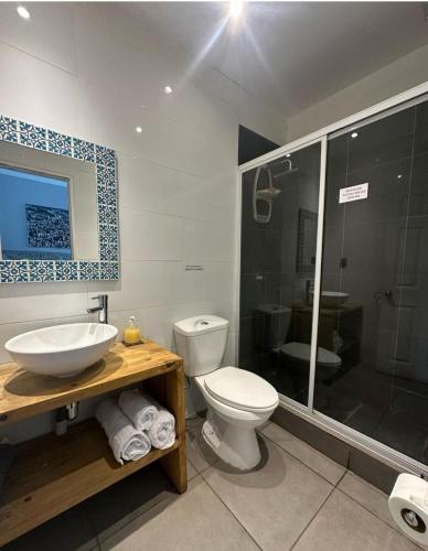 a bathroom with a toilet and a sink and a shower at Casa Urriola B&B in Valparaíso