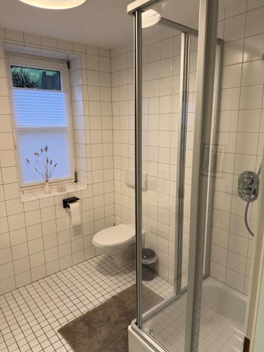 a bathroom with a toilet and a glass shower at Ferienwohnung Engels in Olpe