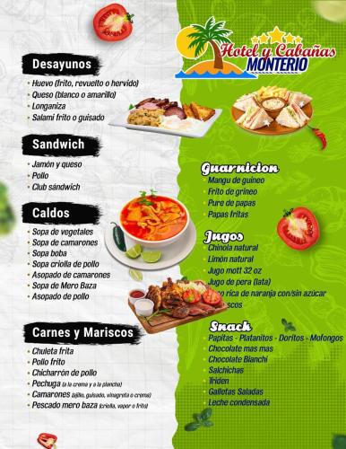 a menu for a restaurant with different types of food at Hotel Monterio in Azua
