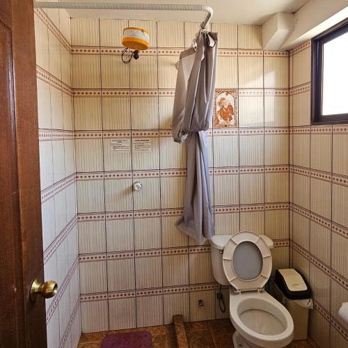 a bathroom with a toilet and a shower at Bolivian Heights Hostel in La Paz
