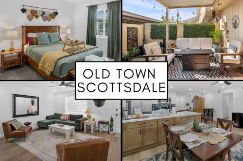 a collage of photos of a bedroom and a living room at Old Town | Pool | BBQ | End Unit | Pet in Scottsdale