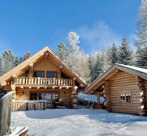 a log cabin in the woods in the snow at Almzauber Chalets - Haus Enzian inkl Infrarotliegen in Hochrindl