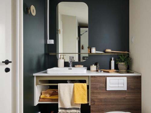 a bathroom with a sink and a mirror at Camping de La Hallerais Dinan in Taden