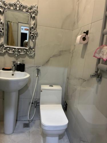 un bagno con un water, un lavandino e uno specchio di Oıd city a Baku