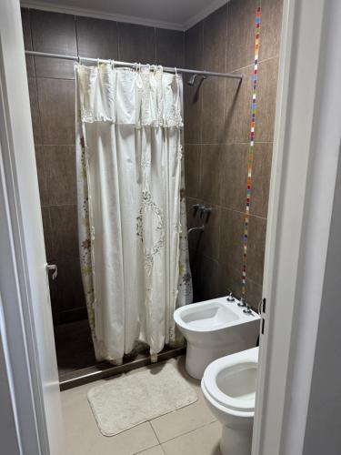 a bathroom with a toilet and a shower curtain at Iluminado y céntrico in San Nicolás de los Arroyos
