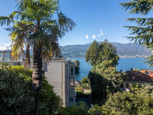 a palm tree and a building with a view of the water at Villa Cedro in Verbania