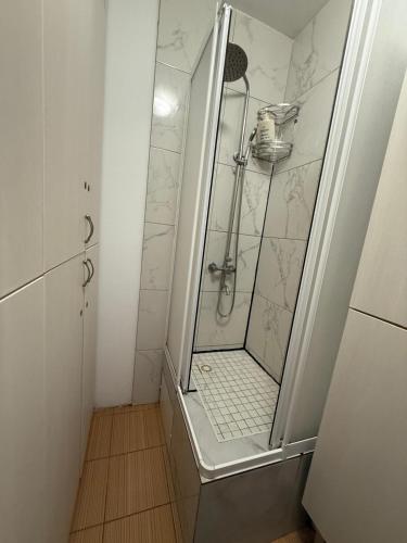 a shower with a glass door in a bathroom at 1 Camera Dubla Valea Trandafirilor in Chişinău