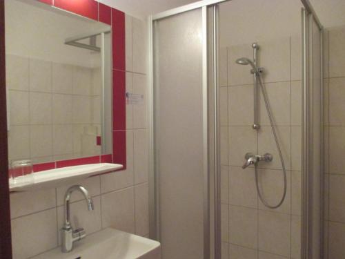 ein Bad mit einer Dusche und einem Waschbecken in der Unterkunft Pension Stammerhof in Schladming