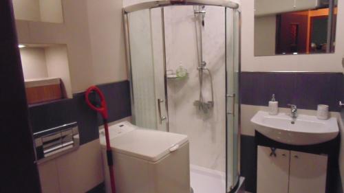 a bathroom with a shower and a sink at Nocleg u Mario in Uniejow