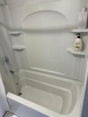 a bathroom with a shower with a sink and shelves at Historic Coastal Suite Steps to the Water - Suite One in Fairhope